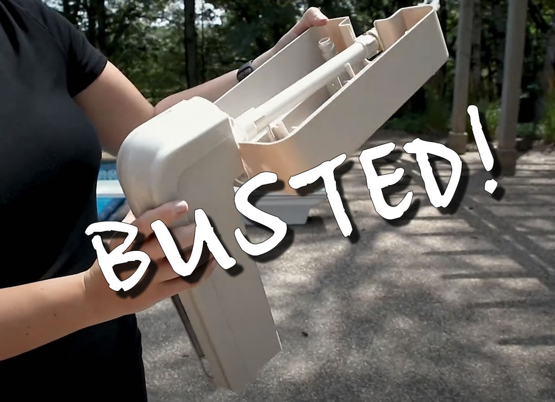 Person holding a broken pool auto-fill device outdoors, with bold text "BUSTED!" overlayed to highlight product failure.
