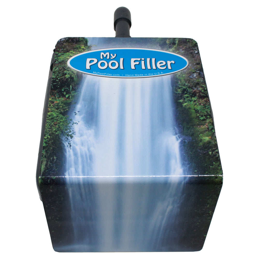 Front view of automatic pool filler on above-ground pool – My Pool Filler