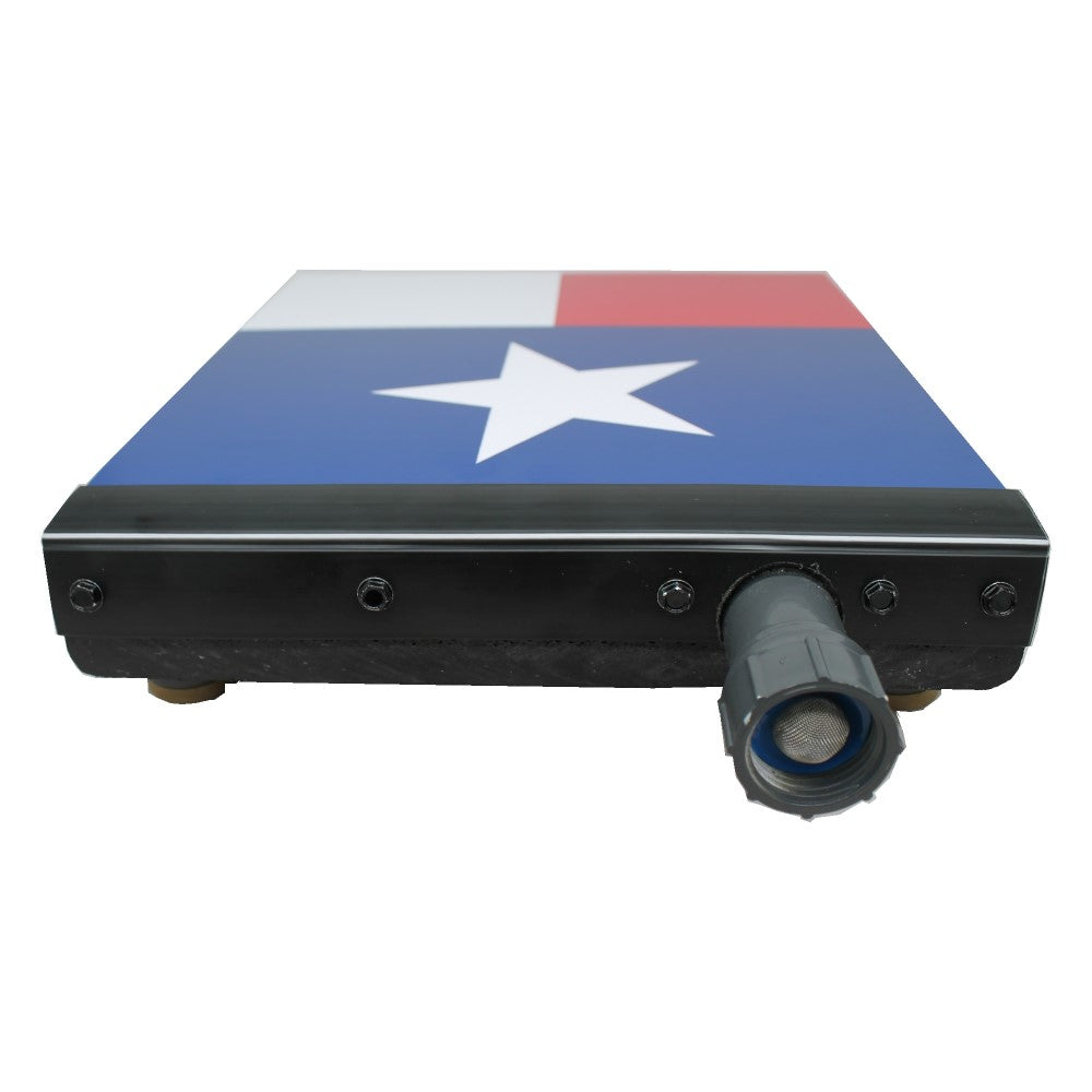 photo of My Pool Filler's swimming pool water leveler and maintainer automatic pool filler for in ground pools - texas flag edition, back view over solid white background