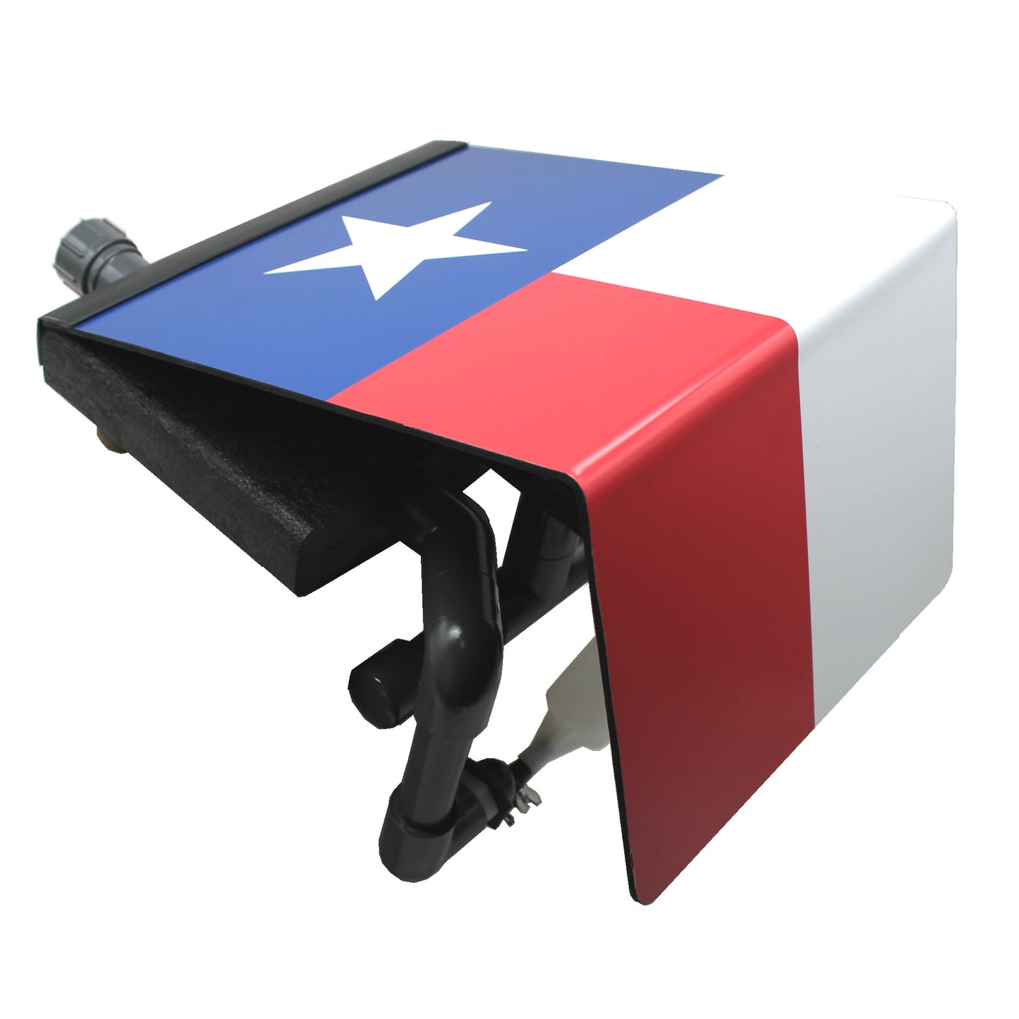 photo of My Pool Filler's swimming pool water leveler and maintainer automatic pool filler for in ground pools - texas flag edition, front/side view with lid slightly open