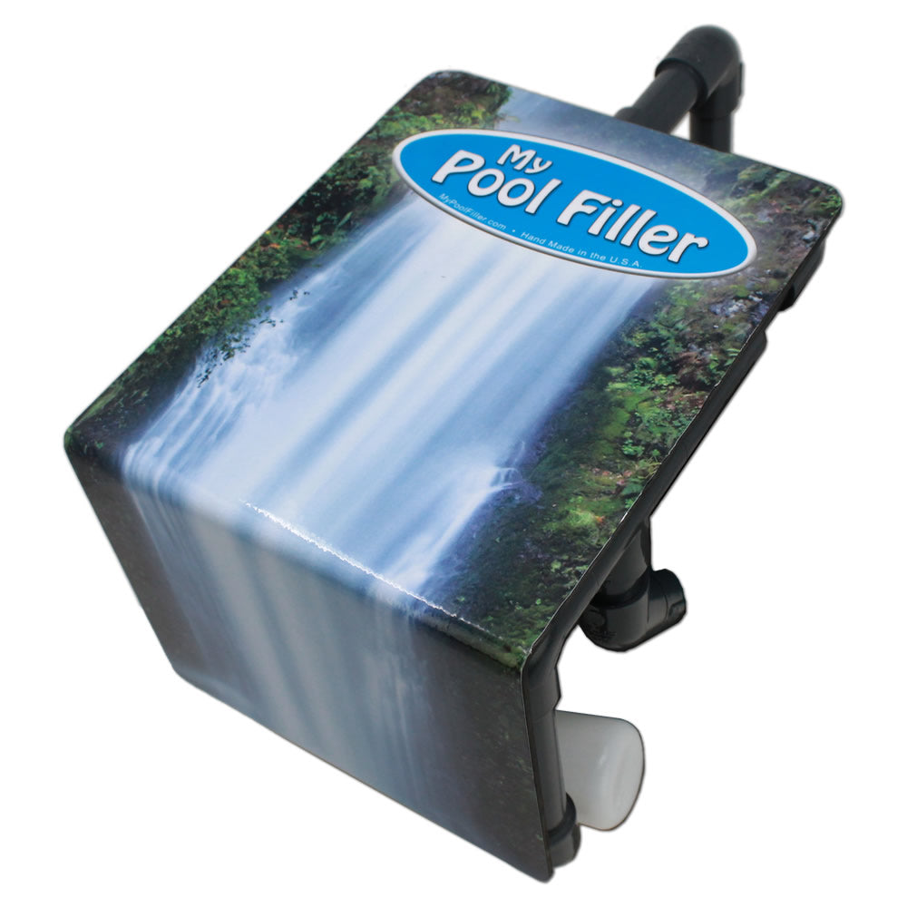 Close-up of My Pool Filler automatic pool leveler featuring a waterfall graphic lid and float valve connection, designed for in-ground or above-ground pools.