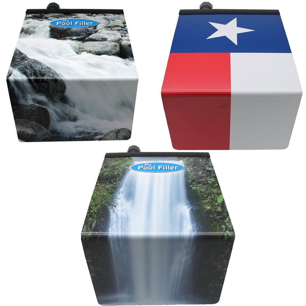 Three My Pool Filler automatic pool levelers featuring different printed designs: waterfall, river rocks, and Texas flag, shown from a front-facing angle.