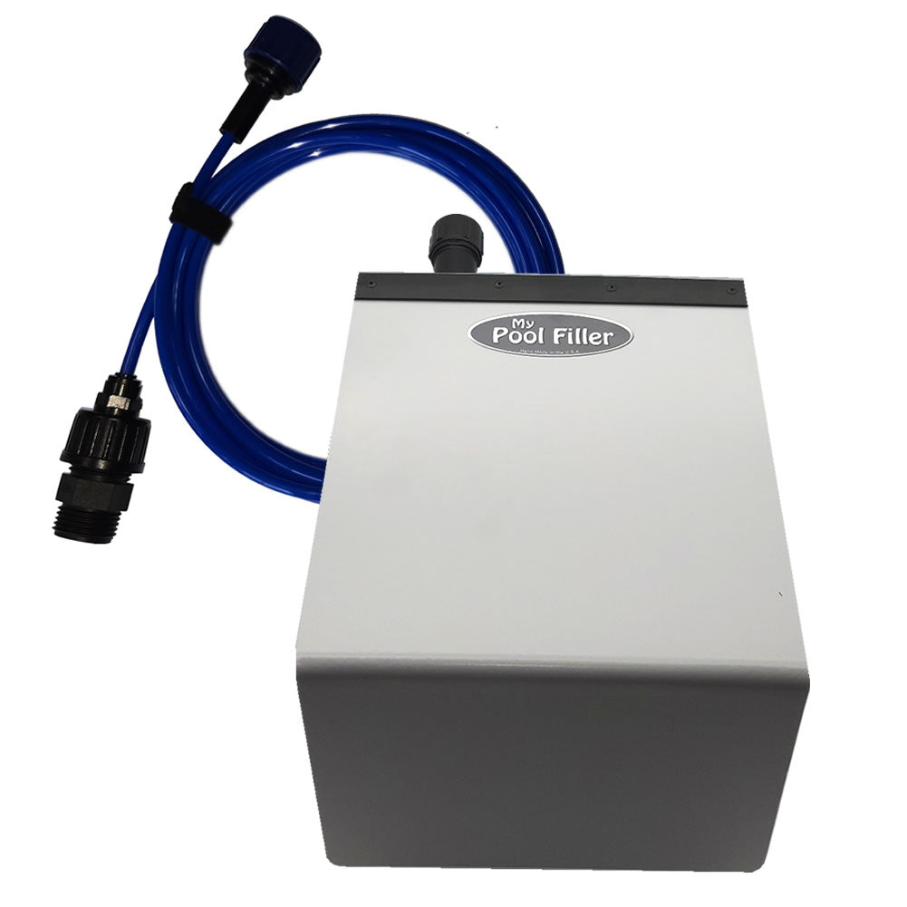 My Pool Filler automatic pool leveler shown next to a coiled Hide-A-Hose with quick-connect fittings. Both products are displayed separately on a white background.
