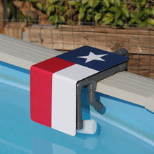 Load image into Gallery viewer, front/side photo of My Pool Filler&#39;s above ground swimming pool water leveler and maintainer model (Texas flag edition) working and installed on an above ground pool
